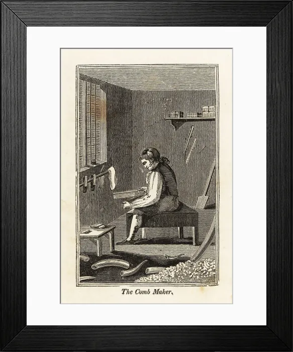 Framed Print : Comb maker sawing teeth into a comb in a workshop Framed Print : Comb maker sawing teeth into a comb in a workshop