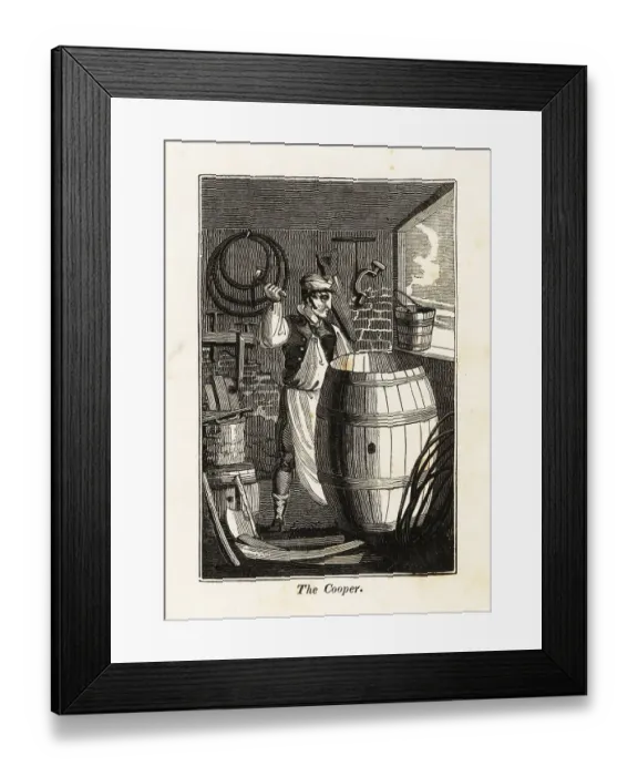 Framed Print : Cooper working on a barrel in a workshop