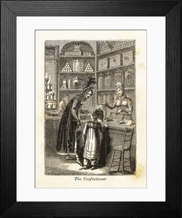 Framed Print : Confectioner selling candies to customers in a store Framed Print : Confectioner selling candies to customers in a store