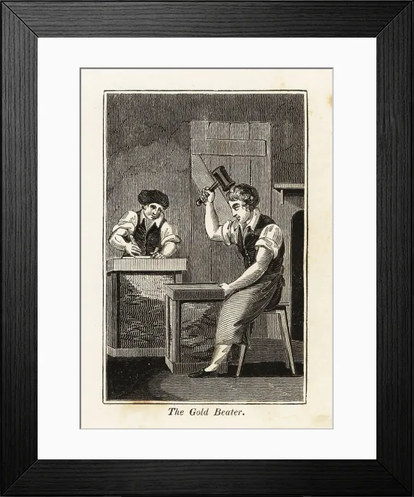 Framed Print : Gold beater flattening gold leaf with a mallet in a workshop Framed Print : Gold beater flattening gold leaf with a mallet in a workshop