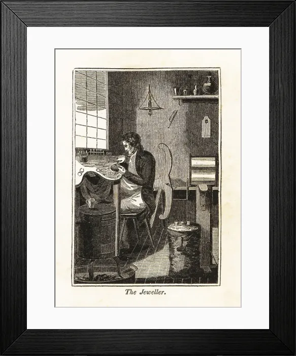 Framed Print : Regency jeweller working at his bench in a workshop Framed Print : Regency jeweller working at his bench in a workshop