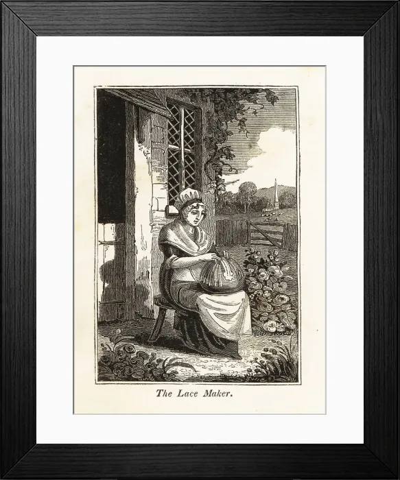Framed Print : Woman lace-maker in bonnet and apron outside a cottage Framed Print : Woman lace-maker in bonnet and apron outside a cottage