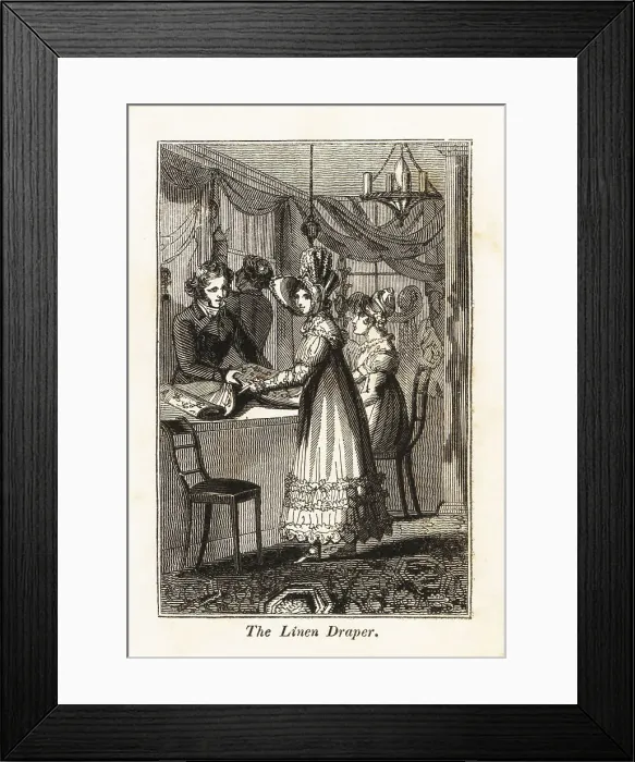 Framed Print : Linen draper with customers in a Regency shop Framed Print : Linen draper with customers in a Regency shop