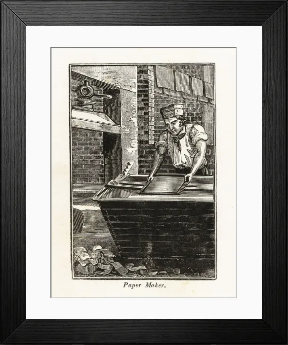 Framed Print : Paper maker removing a screen with a sheet of paper from a vat Framed Print : Paper maker removing a screen with a sheet of paper from a vat