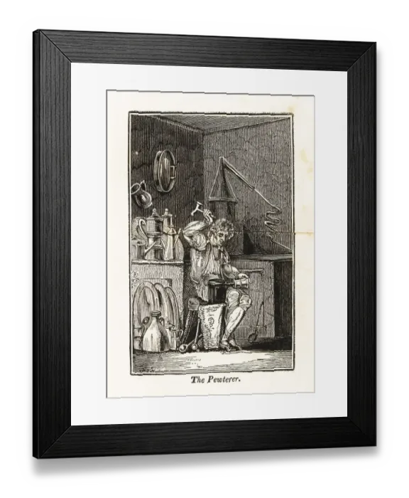 Framed Print : Pewterer hammering a pewter mug on an anvil in his workshop Framed Print : Pewterer hammering a pewter mug on an anvil in his workshop