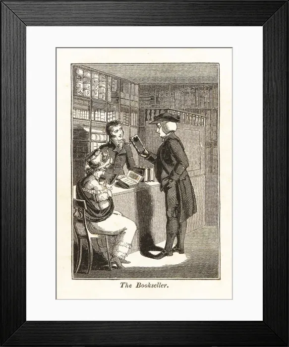 Framed Print : Bookseller showing titles to customers in a Regency bookshop Framed Print : Bookseller showing titles to customers in a Regency bookshop