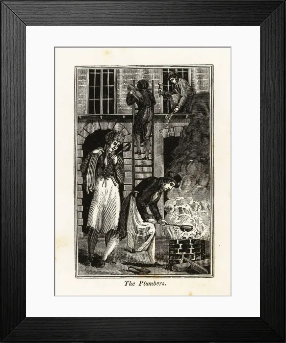 Framed Print : Plumbers fixing lead pipes on a building site Framed Print : Plumbers fixing lead pipes on a building site