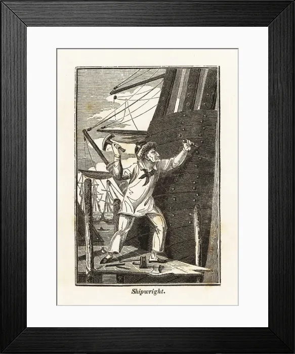 Framed Print : Shipwright driving wedges into the stern of a ship Framed Print : Shipwright driving wedges into the stern of a ship