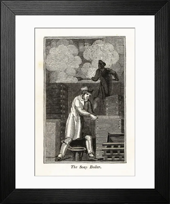 Framed Print : Soap-makers boiling soap in a factory Framed Print : Soap-makers boiling soap in a factory