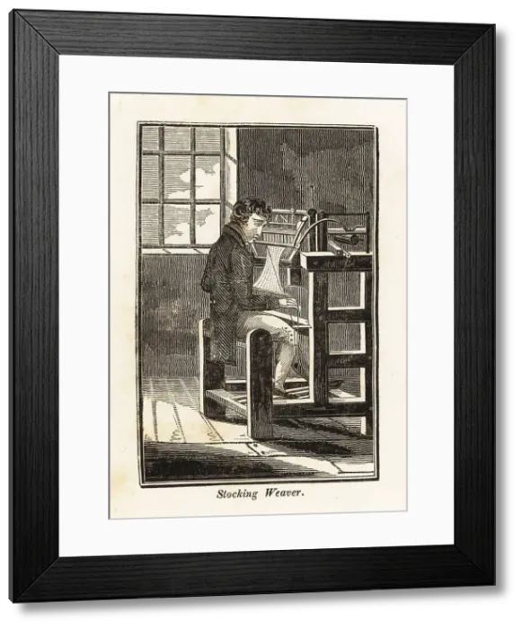 Framed Print : Stocking weaver seated at a loom in a workshop Framed Print : Stocking weaver seated at a loom in a workshop