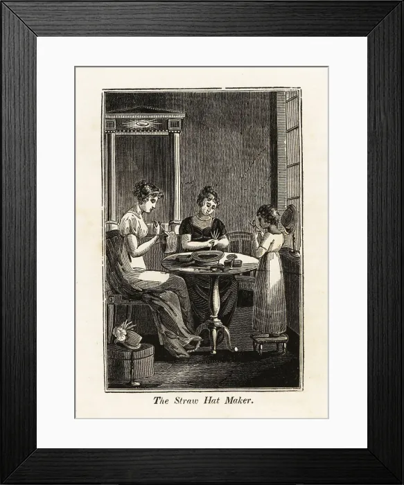 Framed Print : Women and girl weaving straw hats in a parlor Framed Print : Women and girl weaving straw hats in a parlor