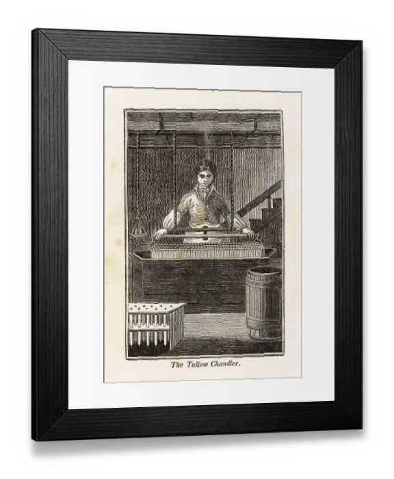 Framed Print : Tallow chandler making candles in a workshop Framed Print : Tallow chandler making candles in a workshop