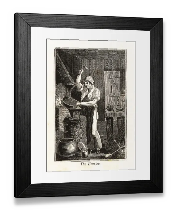 Framed Print : Brazier hammering a brass pan in a workshop Framed Print : Brazier hammering a brass pan in a workshop