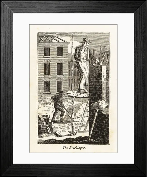 Framed Print : Bricklayer and navvy on a building site Framed Print : Bricklayer and navvy on a building site