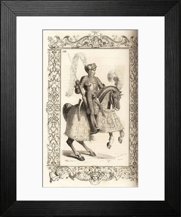 Framed Print : Italian cavalryman riding a horse in barding, 16th century Framed Print : Italian cavalryman riding a horse in barding, 16th century