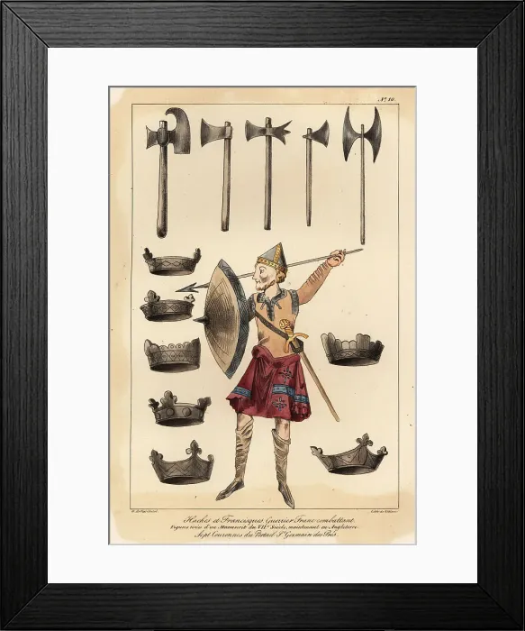 Framed Print : Frankish warrior, axes, franciscas, and crowns Framed Print : Frankish warrior, axes, franciscas, and crowns