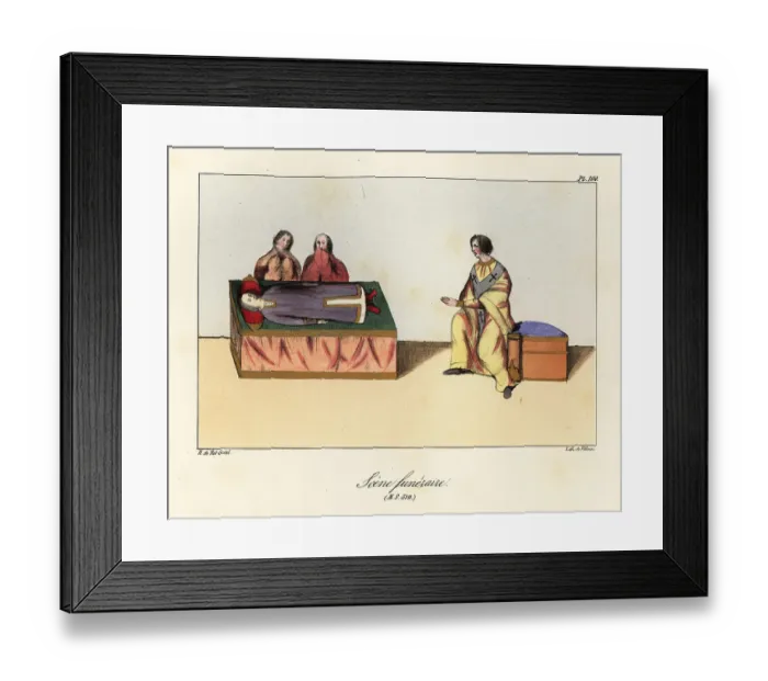 Framed Print : Two mourners praying over a dead body on a bier with a priest, 9 Framed Print : Two mourners praying over a dead body on a bier with a priest, 9