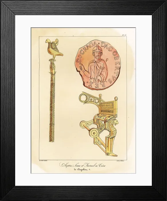 Framed Print : Sceptre, seal and throne of Dagobert I, King of Austrasia and al Framed Print : Sceptre, seal and throne of Dagobert I, King of Austrasia and al