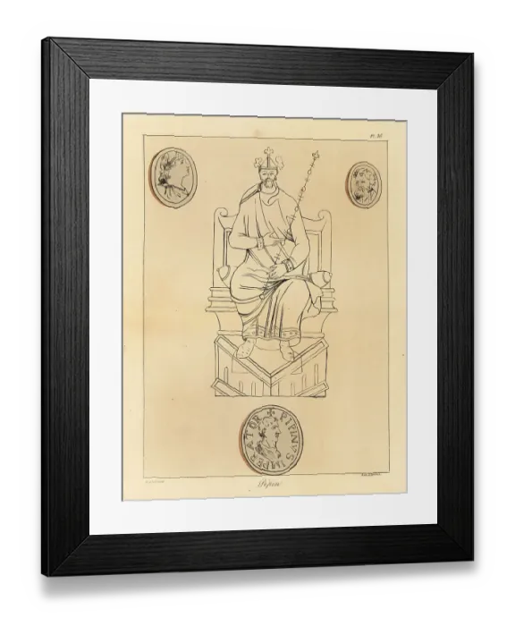 Framed Print : Portrait and coins of Pepin the Short (714-768), King of the Fra Framed Print : Portrait and coins of Pepin the Short (714-768), King of the Fra