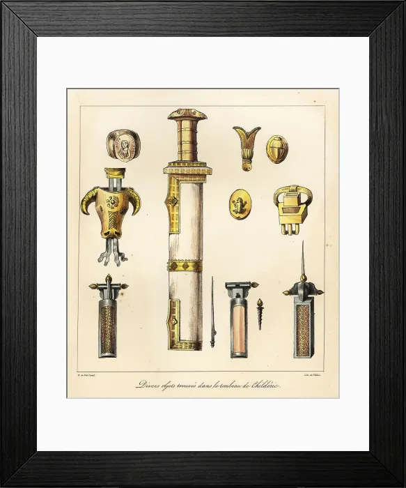 Framed Print : Sword, scabbard, signet ring, buckle from the tomb of Childeric Framed Print : Sword, scabbard, signet ring, buckle from the tomb of Childeric