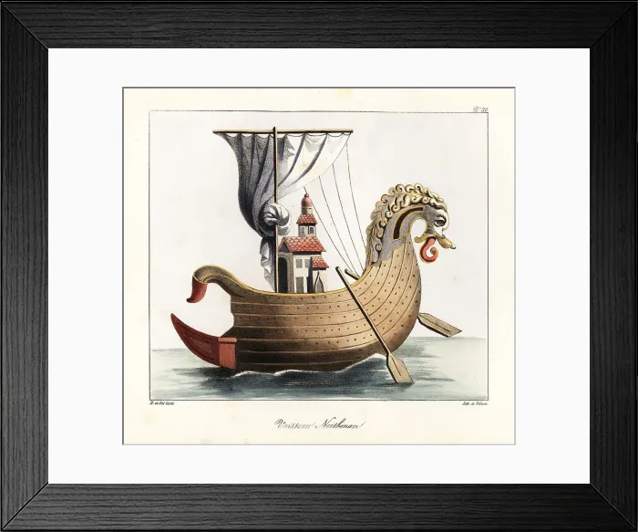 Framed Print : Norman ship with carved figurehead, striped sail, oars, church-l Framed Print : Norman ship with carved figurehead, striped sail, oars, church-l