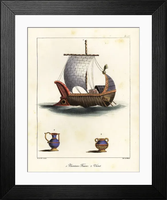 Framed Print : Frankish ship with naval ram, mast with sail and rigging, oars Framed Print : Frankish ship with naval ram, mast with sail and rigging, oars