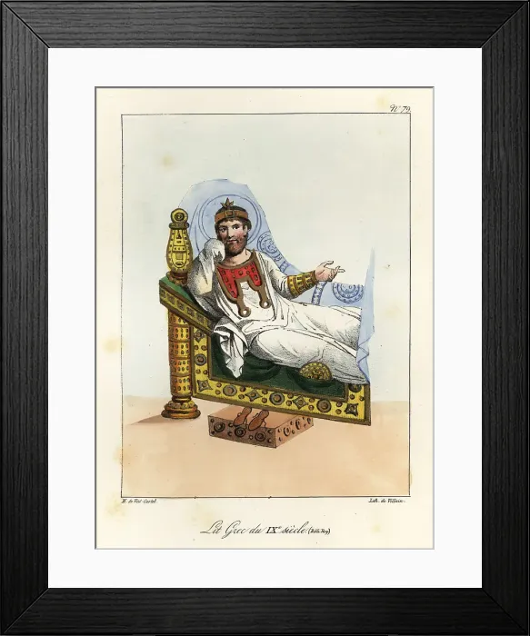 Framed Print : Nobleman reclining on a Byzantine bed of the 9th century Framed Print : Nobleman reclining on a Byzantine bed of the 9th century