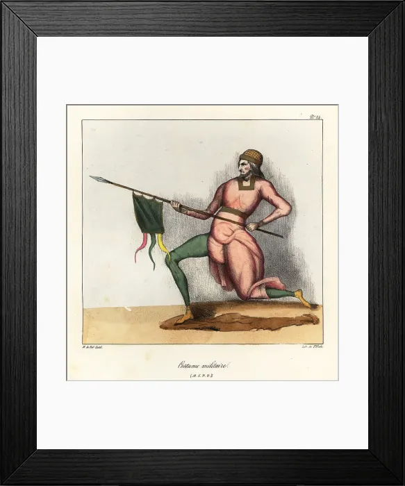 Framed Print : Medieval soldier in military costume lunging with lance and penn Framed Print : Medieval soldier in military costume lunging with lance and penn