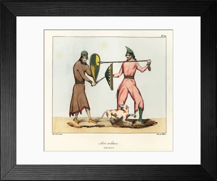 Framed Print : Medieval battle scene with two warriors armed with lance, sword Framed Print : Medieval battle scene with two warriors armed with lance, sword