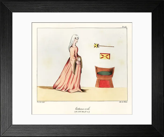 Framed Print : Medieval woman in veil and long-sleeved dress, with chair Framed Print : Medieval woman in veil and long-sleeved dress, with chair