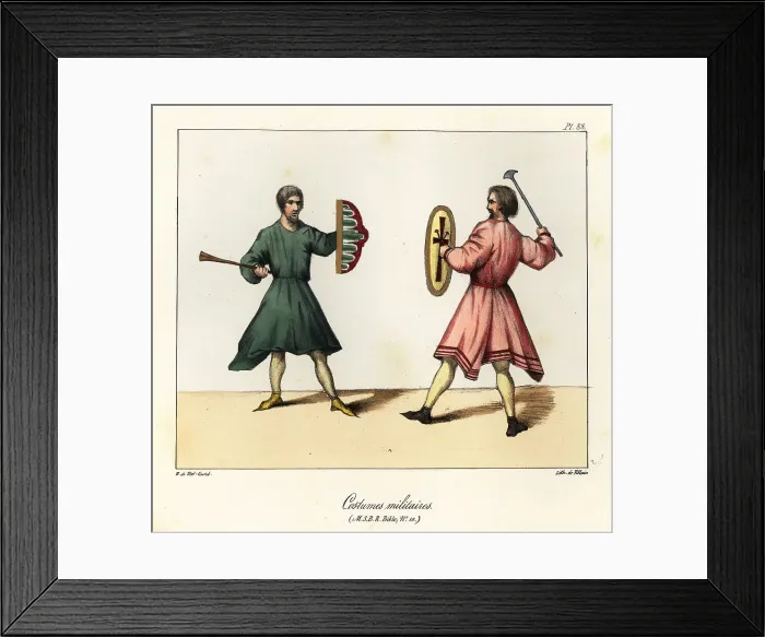 Framed Print : Medieval soldiers with axe and shield, tunic and shoes Framed Print : Medieval soldiers with axe and shield, tunic and shoes