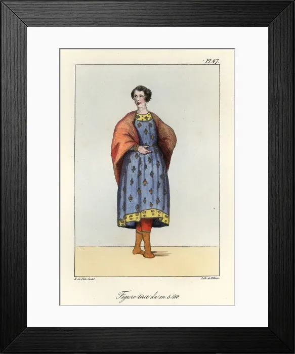 Framed Print : Woman in cloak and tunic, hose and boots, 9th century Framed Print : Woman in cloak and tunic, hose and boots, 9th century