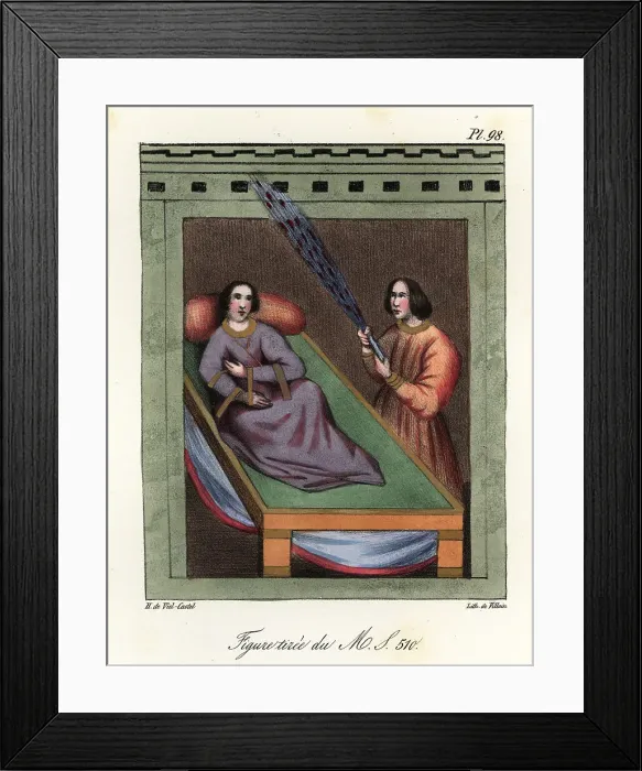 Framed Print : Woman lying on a bed while a man fans her with Framed Print : Woman lying on a bed while a man fans her with