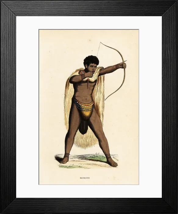 Framed Print : Khoikhoi man in animal skin cape, beaded loincloth, with bow Framed Print : Khoikhoi man in animal skin cape, beaded loincloth, with bow