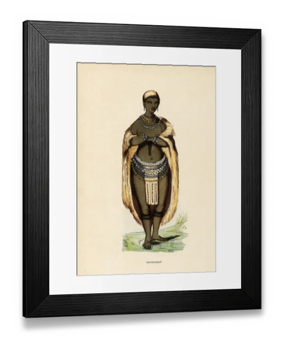 Framed Print : Young Khoikhoi woman in fur cape, beaded skirt, anklets, necklac Framed Print : Young Khoikhoi woman in fur cape, beaded skirt, anklets, necklac