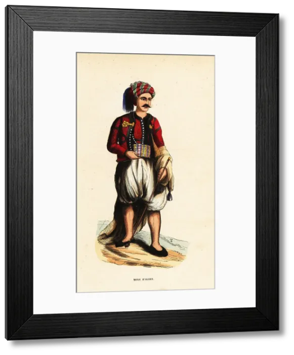 Framed Print : Moorish man in turban, jacket, culottes, holding a cane, Algiers Framed Print : Moorish man in turban, jacket, culottes, holding a cane, Algiers