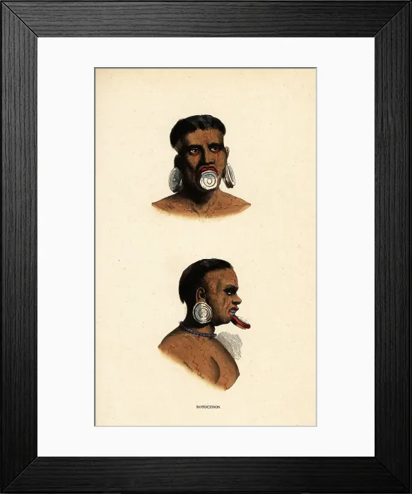 Framed Print : Botocudo men of Brazil with wooden plugs in the lip and ear Framed Print : Botocudo men of Brazil with wooden plugs in the lip and ear