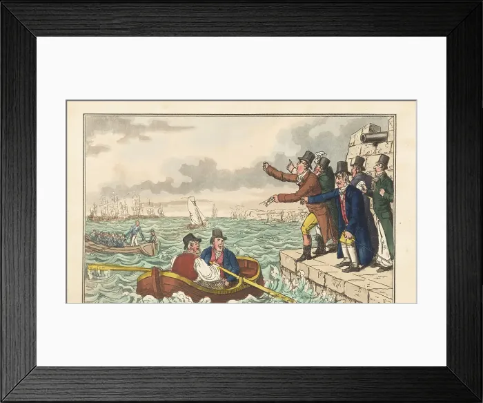 Framed Print : Regency men wave bills at a fleeing English naval officer Framed Print : Regency men wave bills at a fleeing English naval officer