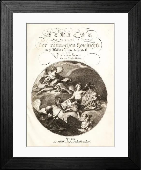 Framed Print : Calligraphic title page with vignette from Zappe's Roman History Framed Print : Calligraphic title page with vignette from Zappe's Roman History