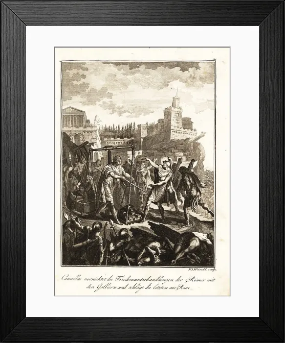 Framed Print : Marcus Furius Camillus expelling the Gauls from Rome, c. 390 BC Framed Print : Marcus Furius Camillus expelling the Gauls from Rome, c. 390 BC