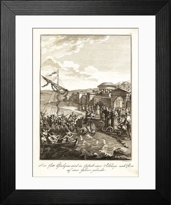 Framed Print : Aesculapius brought to Rome in the form of a serpent on a galley Framed Print : Aesculapius brought to Rome in the form of a serpent on a galley