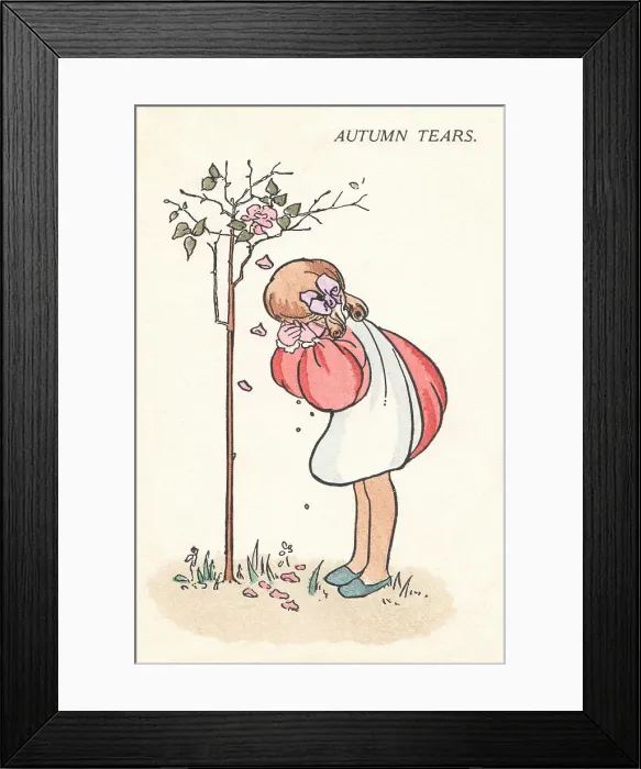 Framed Print : Autumn. Girl in sorrow as leaves fall from a tree. Artist: Anne Anderson Date: circa 1917 Framed Print : Autumn. Girl in sorrow as leaves fall from a tree. Artist: Anne Anderson Date: circa 1917