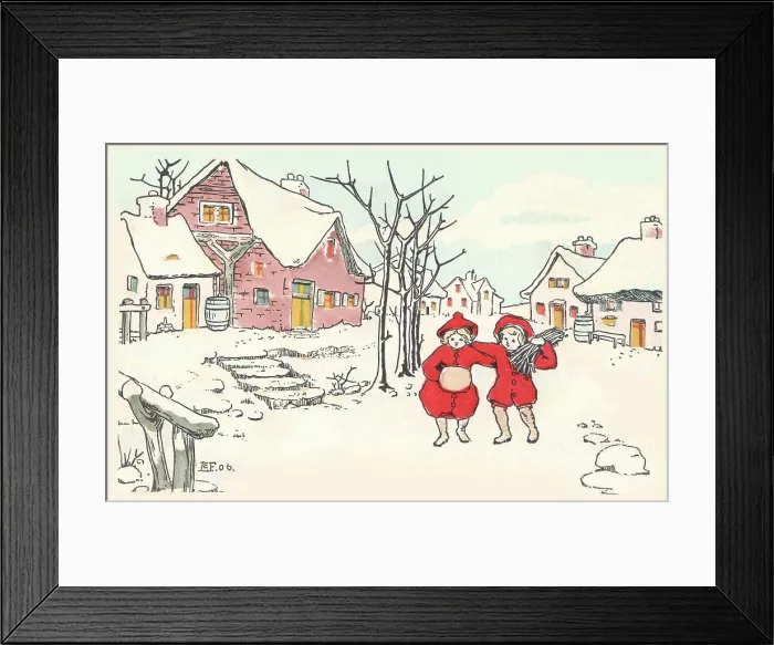 Framed Print : Firewood. Boy and girl in a snowy scene bringing home a bundle of firewood. Date: 1906 Framed Print : Firewood. Boy and girl in a snowy scene bringing home a bundle of firewood. Date: 1906