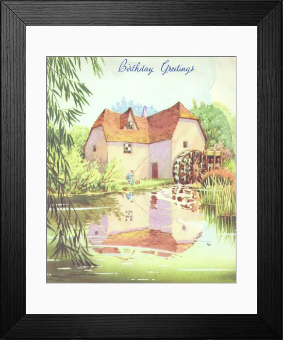 Framed Print : Watermill. Scene depicting a man fishing around a watermill. Date: 1950s Framed Print : Watermill. Scene depicting a man fishing around a watermill. Date: 1950s