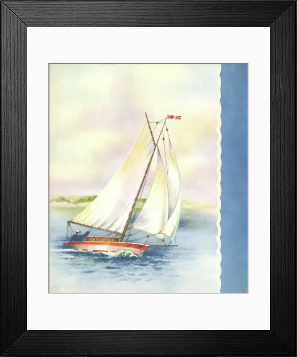 Framed Print : Yacht. Illustration of a mariner sailing in his yacht. Date: 1950s Framed Print : Yacht. Illustration of a mariner sailing in his yacht. Date: 1950s