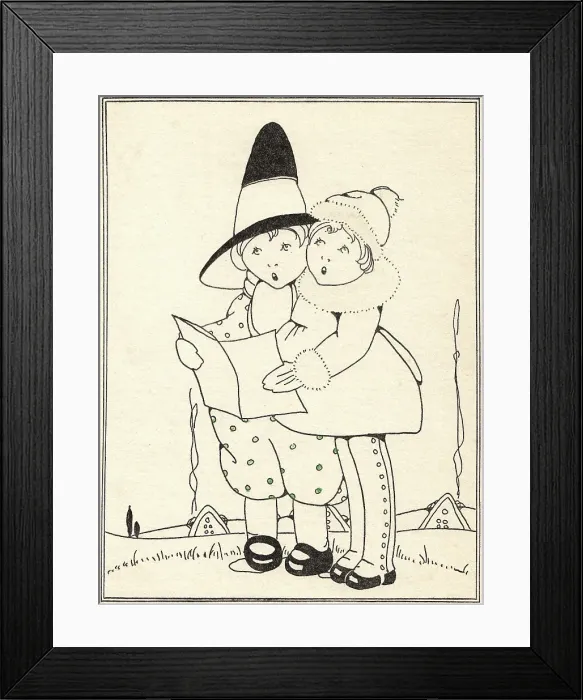 Framed Print : Carollers. Two girls singing carols at Christmas. Date: circa 1920 Framed Print : Carollers. Two girls singing carols at Christmas. Date: circa 1920
