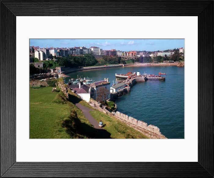 Framed Print : Tenby - The harbour from Castle Hill with passenger steamer Framed Print : Tenby - The harbour from Castle Hill with passenger steamer