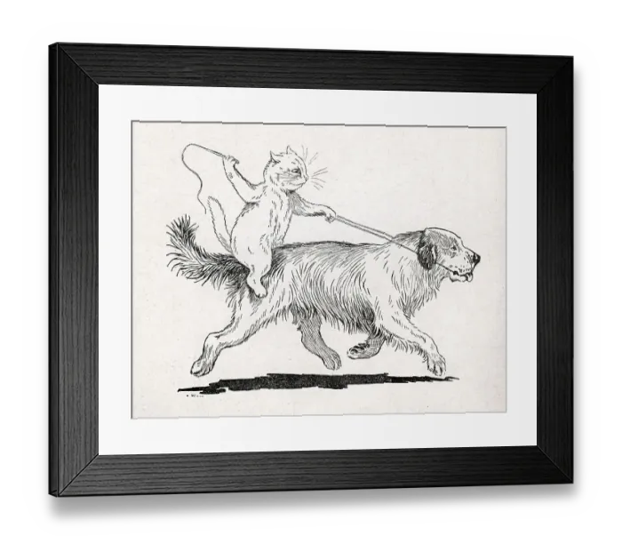 Framed Print : The Hansom Cabby, Louis Wain Cat riding a Dog Framed Print : The Hansom Cabby, Louis Wain Cat riding a Dog