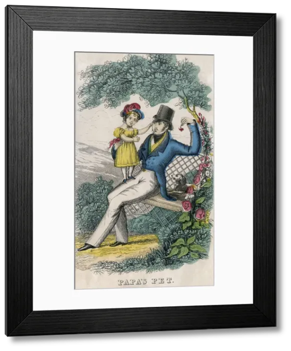 Framed Print : Papa's Pet - mid 19th century hand-coloured illustration Framed Print : Papa's Pet - mid 19th century hand-coloured illustration