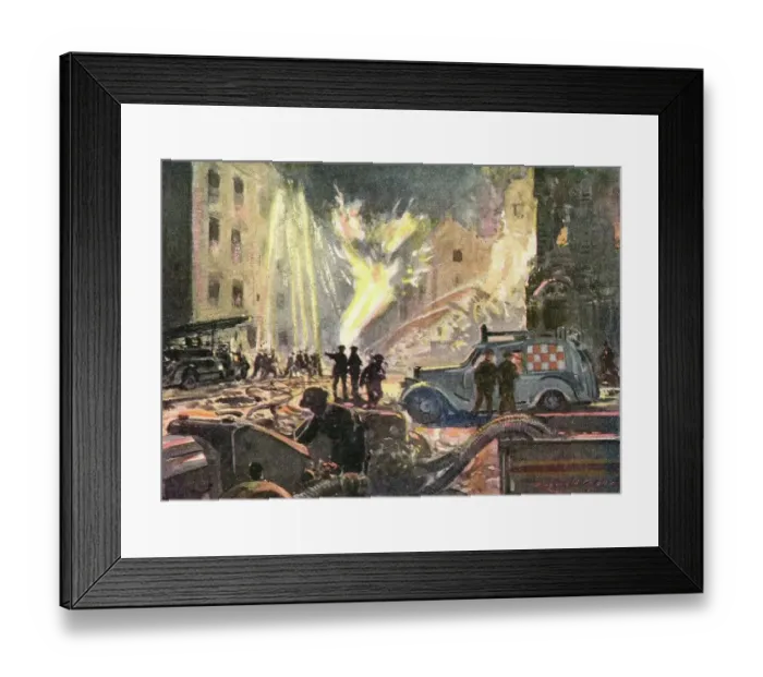 Framed Print : Gas Main alight following WWII air raid Framed Print : Gas Main alight following WWII air raid